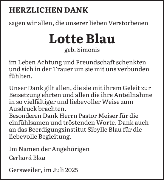 Traueranzeige von Lotte Blau von saarbruecker_zeitung