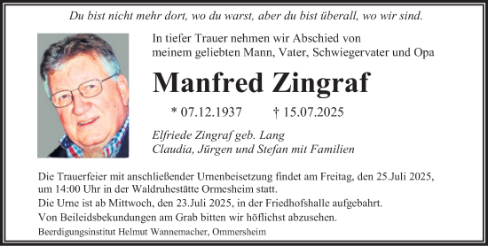 Traueranzeige von Manfred Zingraf von saarbruecker_zeitung