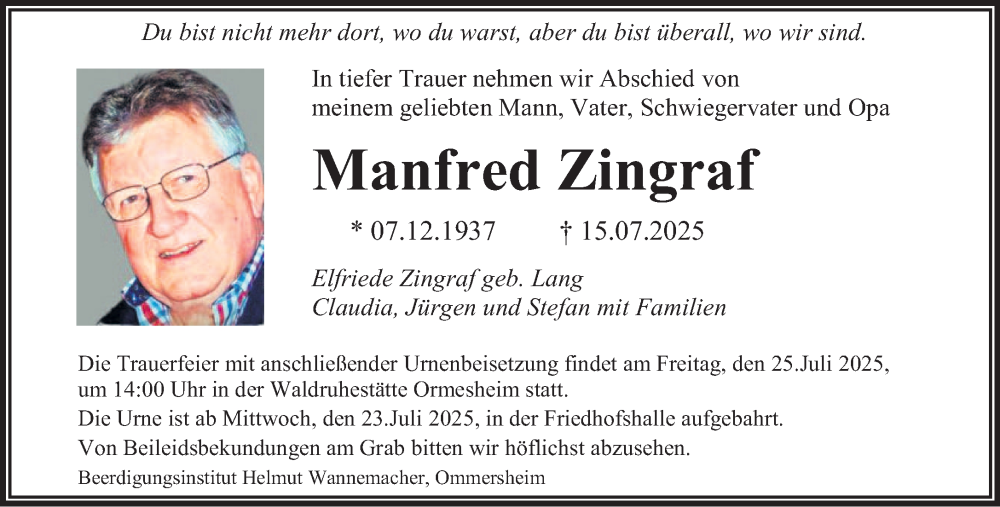  Traueranzeige für Manfred Zingraf vom 19.07.2025 aus saarbruecker_zeitung