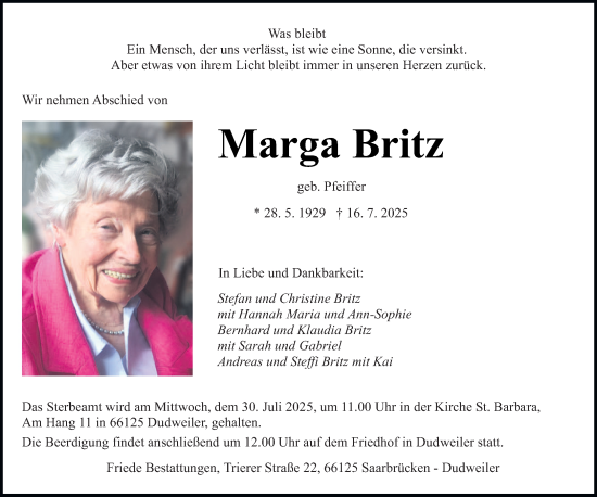 Traueranzeige von Marga Britz von saarbruecker_zeitung