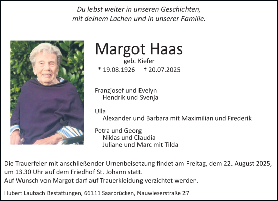 Traueranzeige von Margot Haas von saarbruecker_zeitung
