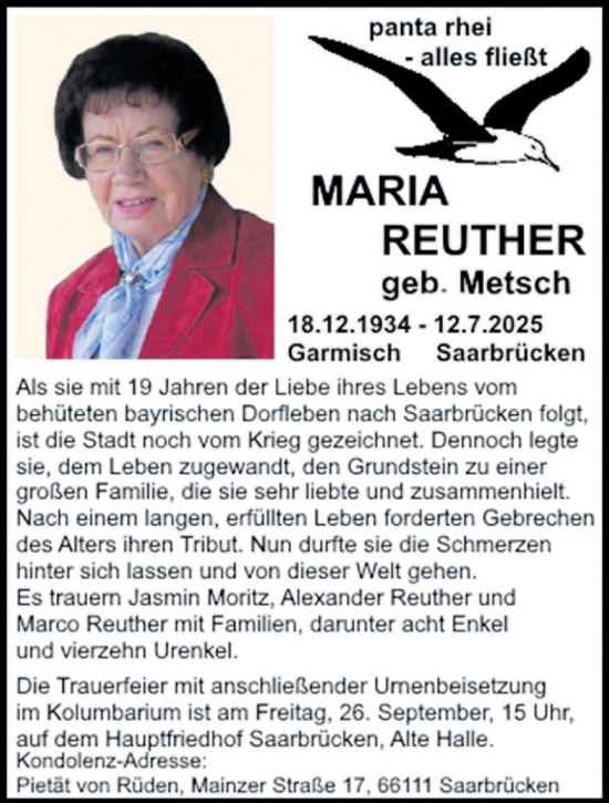Traueranzeige von Maria Reuther von saarbruecker_zeitung