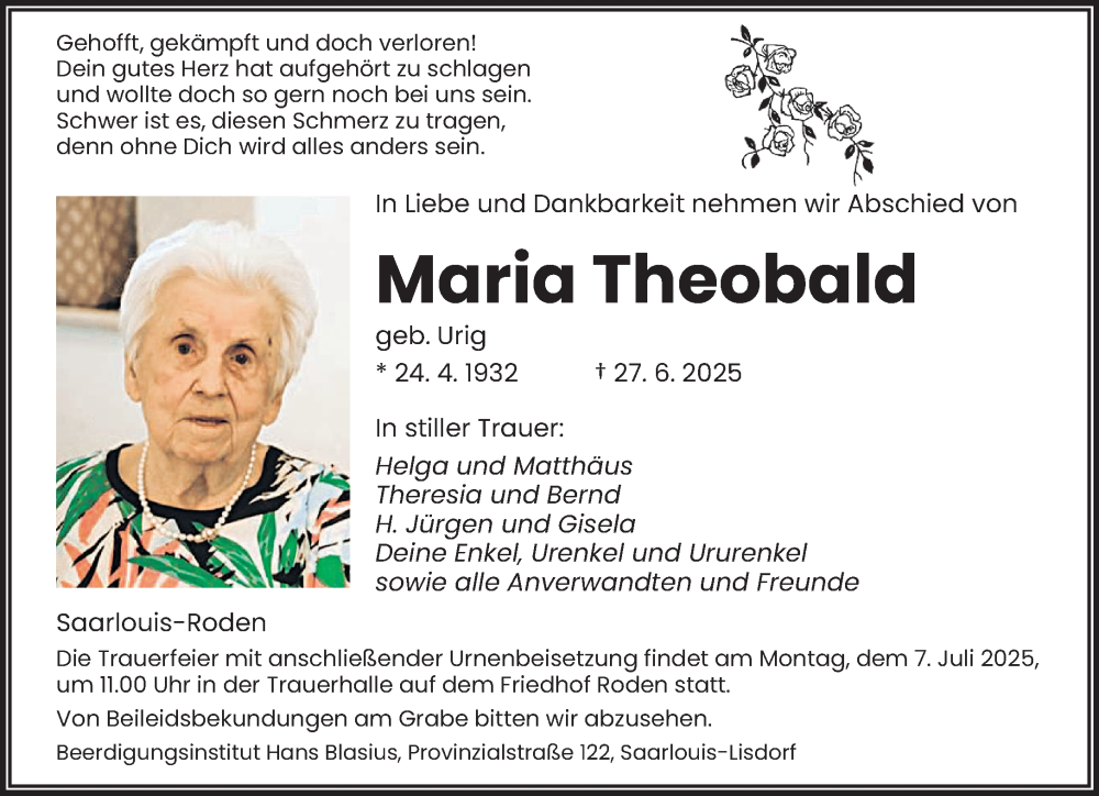  Traueranzeige für Maria Theobald vom 05.07.2025 aus saarbruecker_zeitung