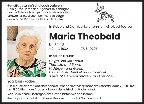 Traueranzeige von Maria Theobald von saarbruecker_zeitung