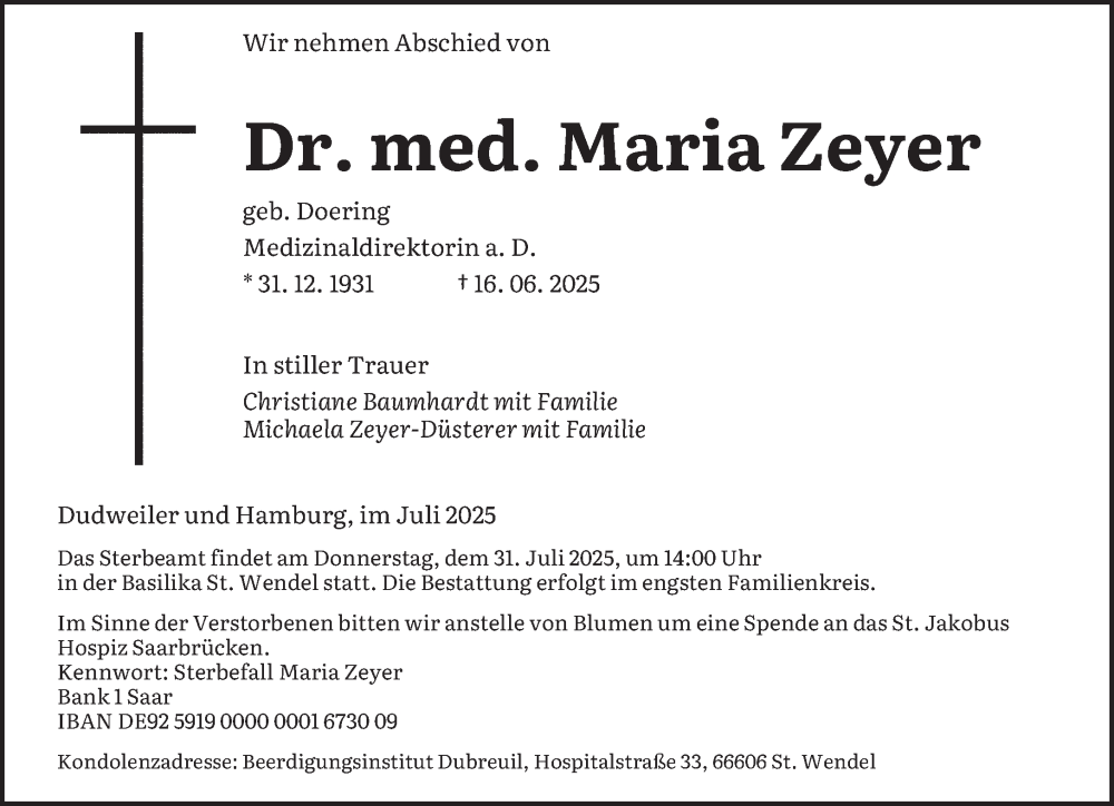  Traueranzeige für Maria Zeyer vom 26.07.2025 aus saarbruecker_zeitung