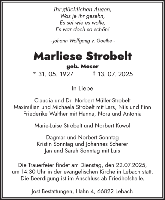 Traueranzeige von Marliese Strobelt von saarbruecker_zeitung