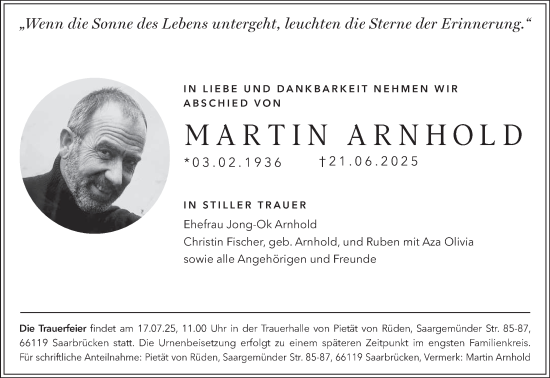 Traueranzeige von Martin Arnhold von saarbruecker_zeitung