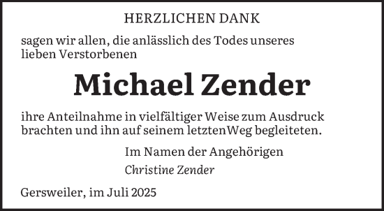 Traueranzeige von Michael Zender von saarbruecker_zeitung