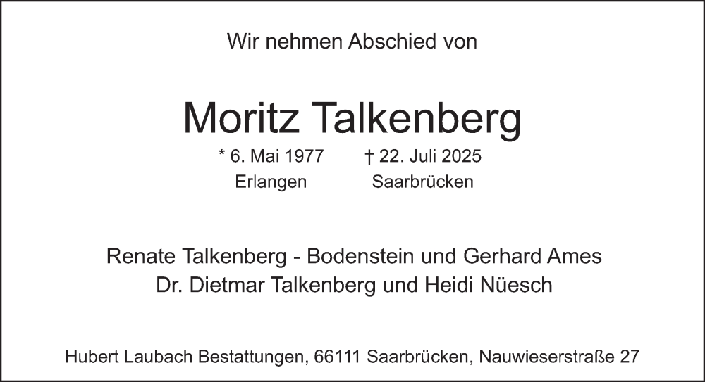  Traueranzeige für Moritz Talkenberg vom 26.07.2025 aus saarbruecker_zeitung
