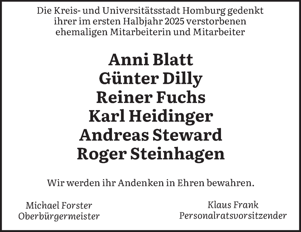  Traueranzeige für Nachruf Kreis- und Universitätsstadt Homburg vom 26.07.2025 aus saarbruecker_zeitung