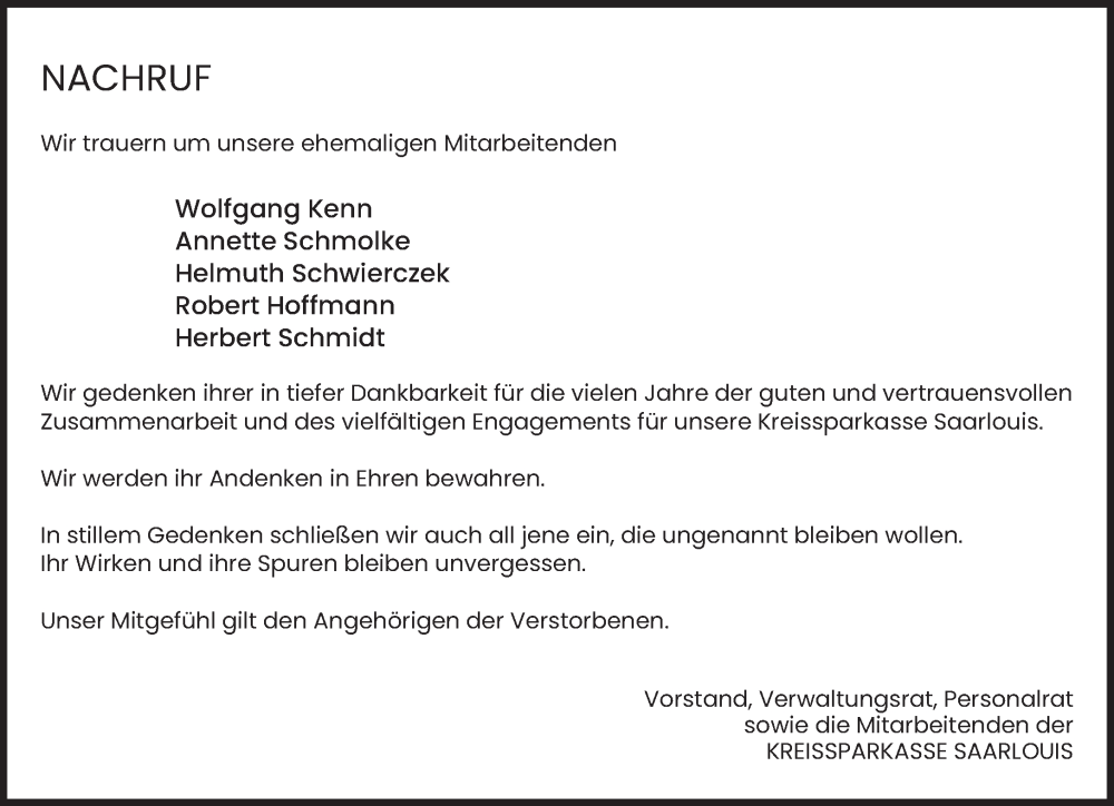  Traueranzeige für Nachruf Kreissparkasse Saarlouis vom 26.07.2025 aus saarbruecker_zeitung