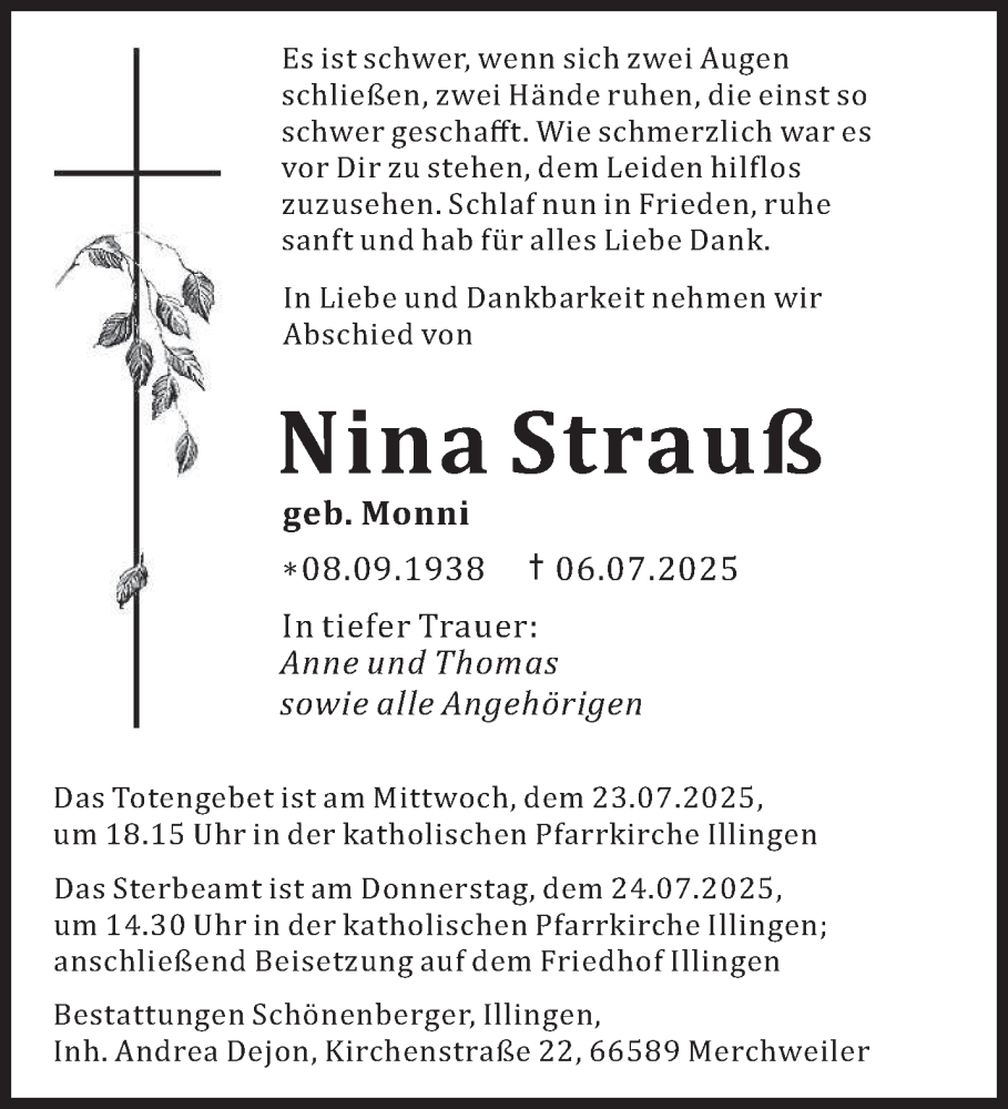  Traueranzeige für Nina Strauß vom 19.07.2025 aus saarbruecker_zeitung