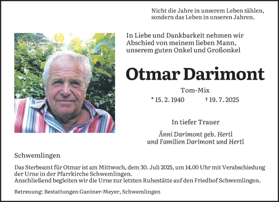 Traueranzeige von Otmar Darimont von saarbruecker_zeitung