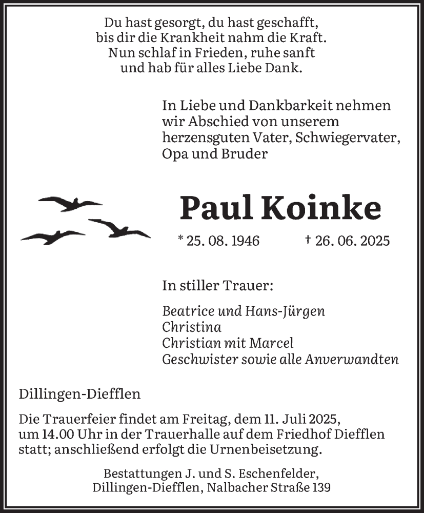  Traueranzeige für Paul Koinke vom 05.07.2025 aus saarbruecker_zeitung