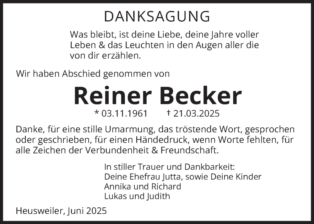  Traueranzeige für Reiner Becker vom 05.07.2025 aus saarbruecker_zeitung