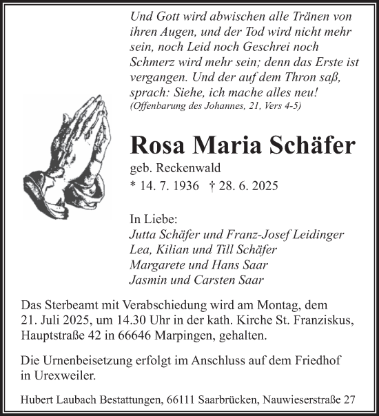 Traueranzeige von Rosa Maria Schäfer von saarbruecker_zeitung