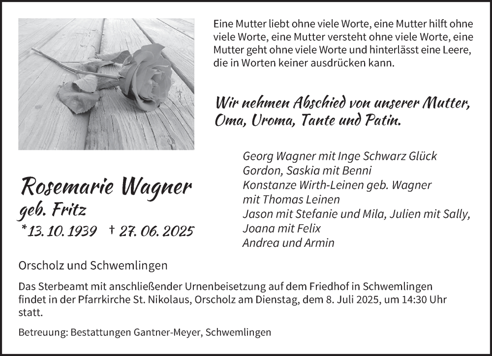  Traueranzeige für Rosemarie Wagner vom 04.07.2025 aus saarbruecker_zeitung