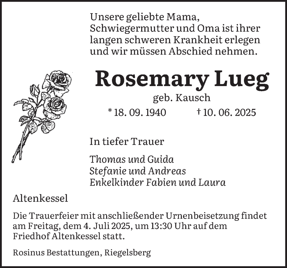  Traueranzeige für Rosemary Lueg vom 02.07.2025 aus saarbruecker_zeitung