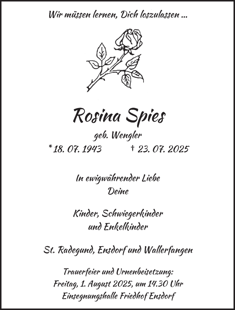  Traueranzeige für Rosina Spies vom 26.07.2025 aus saarbruecker_zeitung