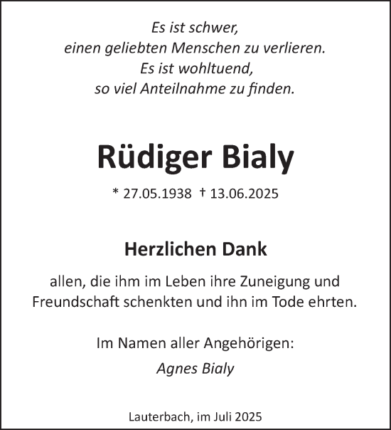 Traueranzeige von Rüdiger Bialy von saarbruecker_zeitung