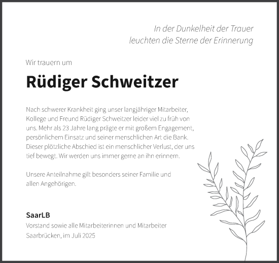 Traueranzeige von Rüdiger Schweitzer von saarbruecker_zeitung