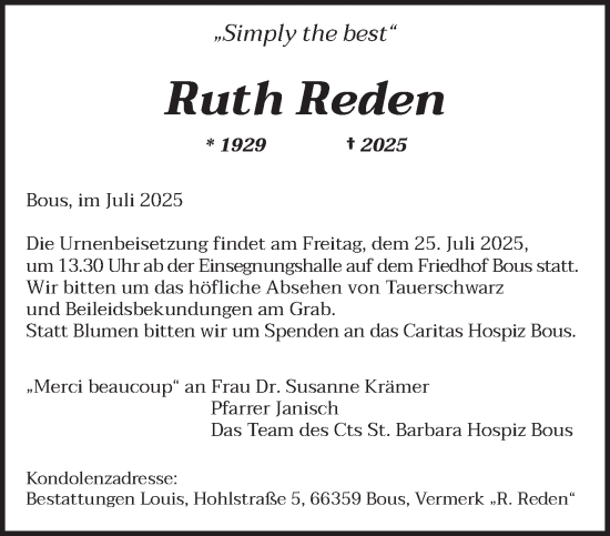 Traueranzeige von Ruth Reden von saarbruecker_zeitung