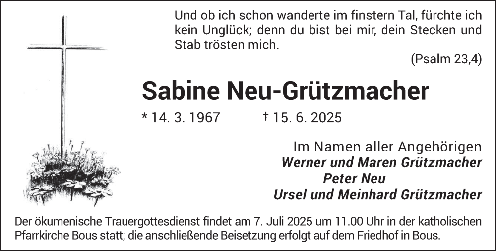  Traueranzeige für Sabine Neu-Grützmacher vom 02.07.2025 aus saarbruecker_zeitung