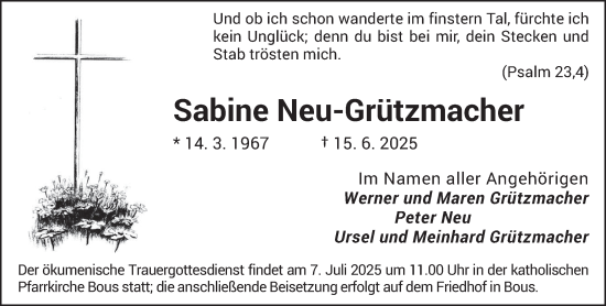 Traueranzeige von Sabine Neu-Grützmacher von saarbruecker_zeitung