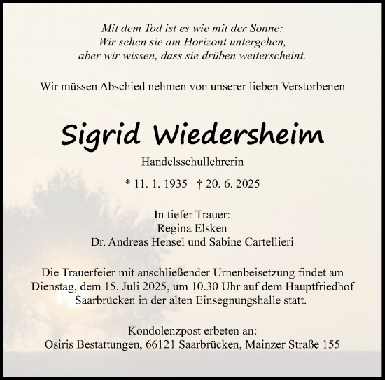 Traueranzeige von Sigrid Wiedersheim von saarbruecker_zeitung