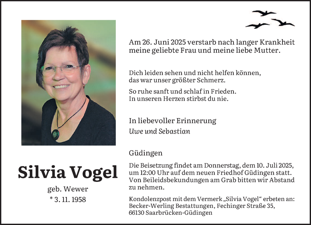  Traueranzeige für Silvia Vogel vom 05.07.2025 aus saarbruecker_zeitung