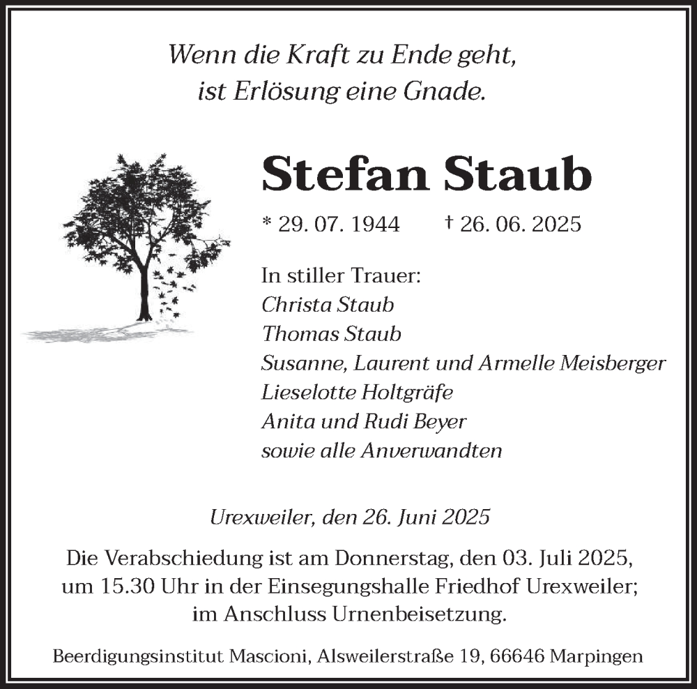  Traueranzeige für Stefan Staub vom 01.07.2025 aus saarbruecker_zeitung