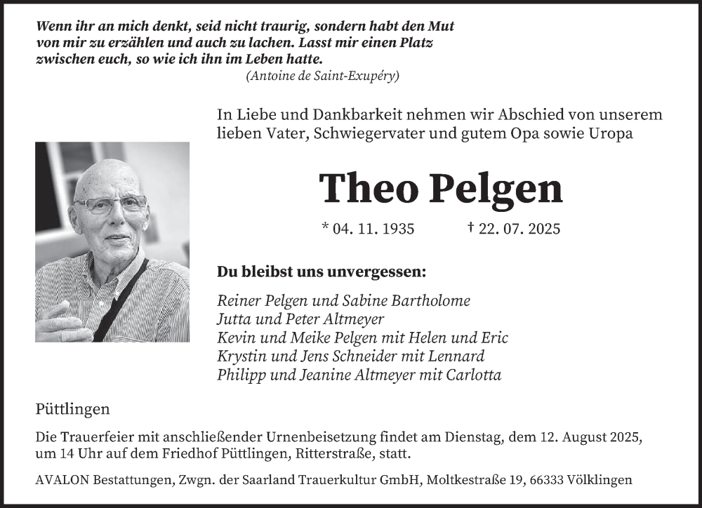  Traueranzeige für Theo Pelgen vom 26.07.2025 aus saarbruecker_zeitung