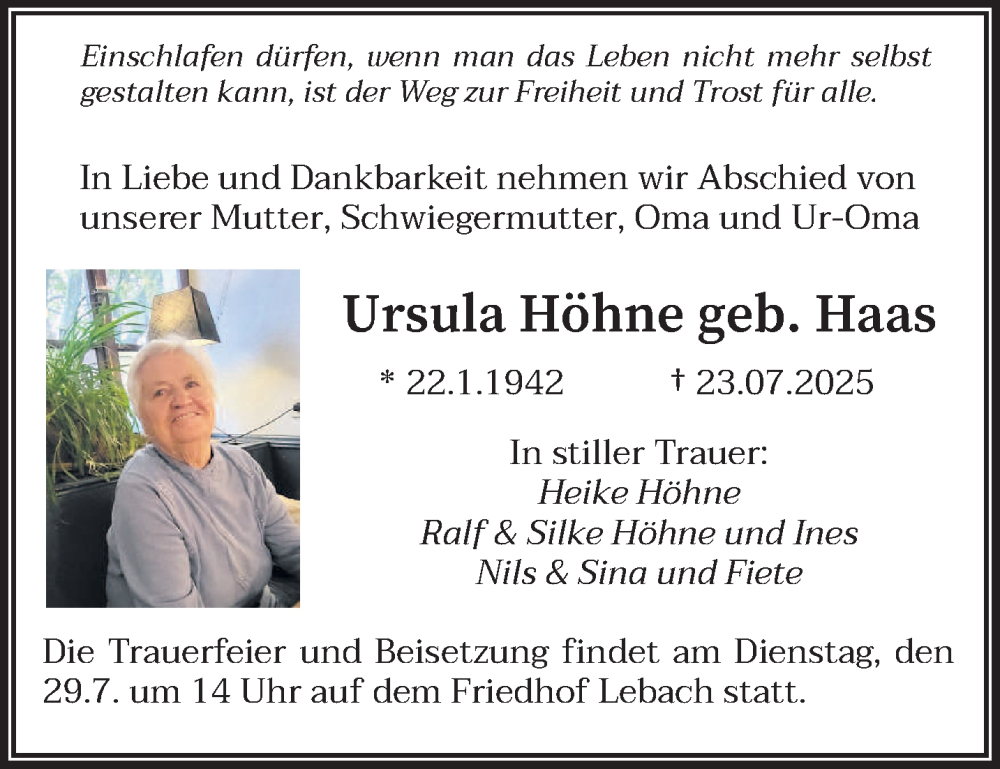  Traueranzeige für Ursula Höhne vom 26.07.2025 aus saarbruecker_zeitung