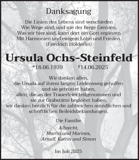 Traueranzeige von Ursula Ochs-Steinfeld von saarbruecker_zeitung