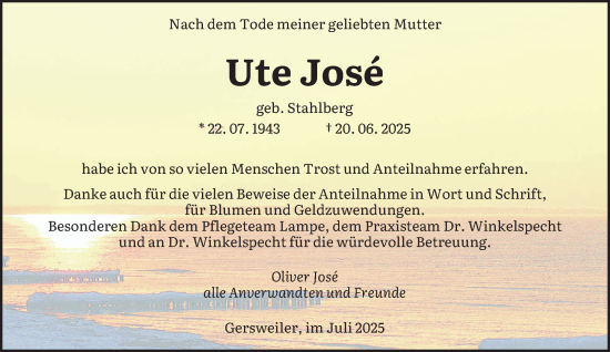 Traueranzeige von Ute Jose von saarbruecker_zeitung