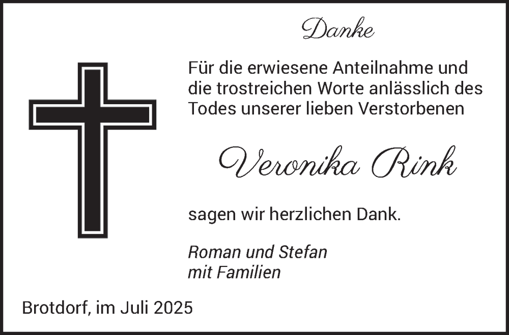  Traueranzeige für Veronika Rink vom 12.07.2025 aus saarbruecker_zeitung