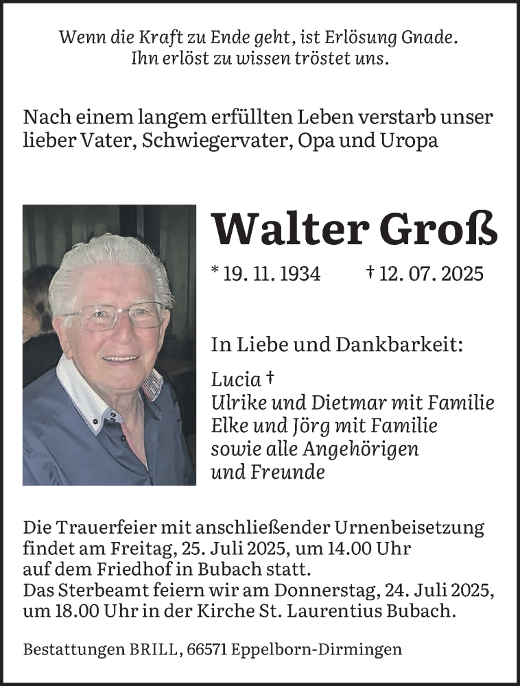  Traueranzeige für Walter Groß vom 19.07.2025 aus saarbruecker_zeitung