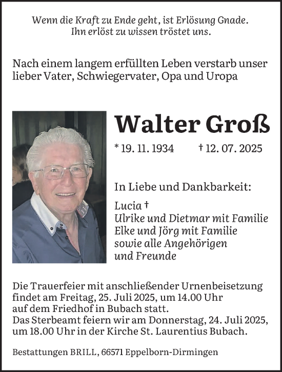 Traueranzeige von Walter Groß von saarbruecker_zeitung