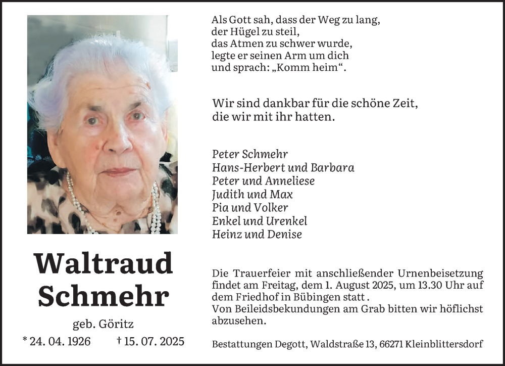  Traueranzeige für Waltraud Schmehr vom 26.07.2025 aus saarbruecker_zeitung