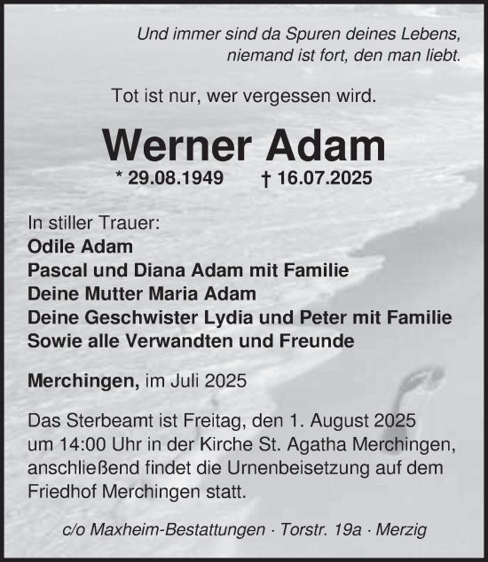 Traueranzeige von Werner Adam von saarbruecker_zeitung