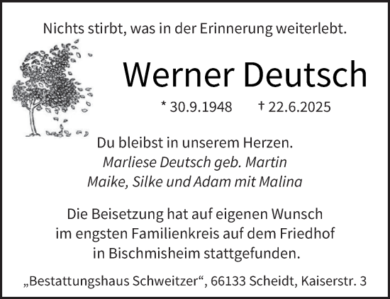 Traueranzeige von Werner Deutsch von saarbruecker_zeitung