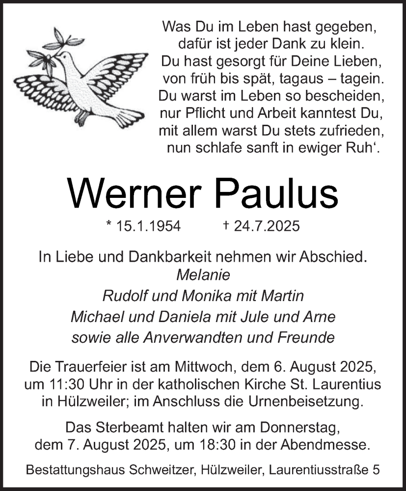  Traueranzeige für Werner Paulus vom 26.07.2025 aus saarbruecker_zeitung