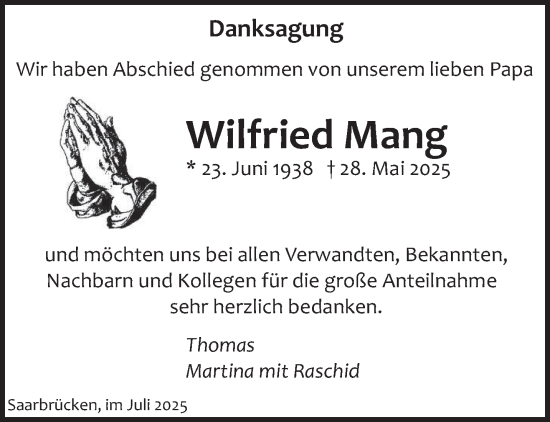 Traueranzeige von Wilfried Mang von saarbruecker_zeitung
