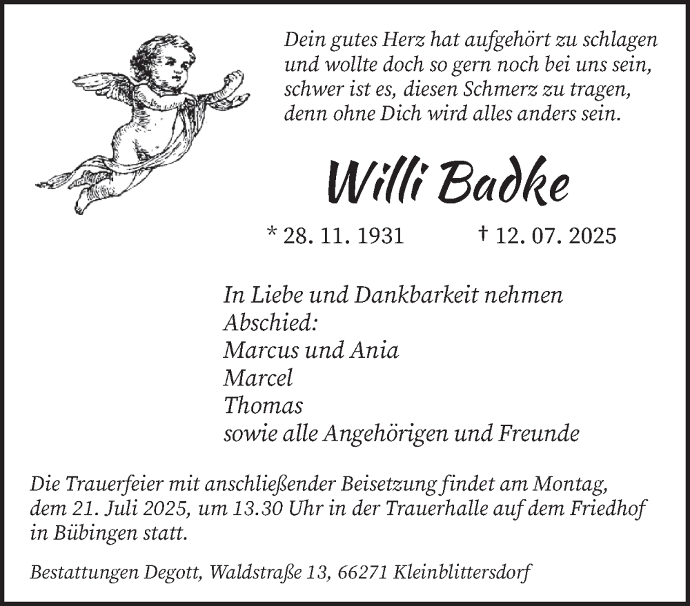  Traueranzeige für Willi Badke vom 19.07.2025 aus saarbruecker_zeitung