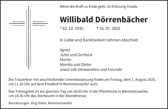 Traueranzeige von Willibald Dörrenbächer von saarbruecker_zeitung