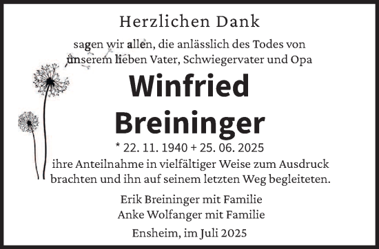 Traueranzeige von Winfried Breininger von saarbruecker_zeitung