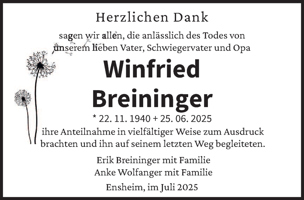  Traueranzeige für Winfried Breininger vom 19.07.2025 aus saarbruecker_zeitung