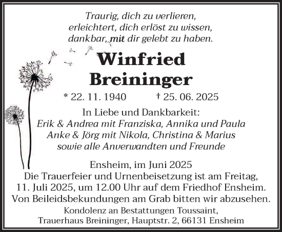 Traueranzeige von Winfried Breininger von saarbruecker_zeitung