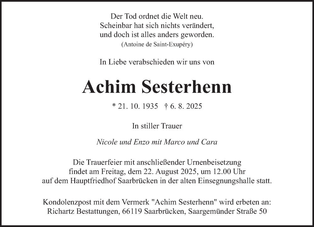  Traueranzeige für Achim Sesterhenn vom 16.08.2025 aus saarbruecker_zeitung