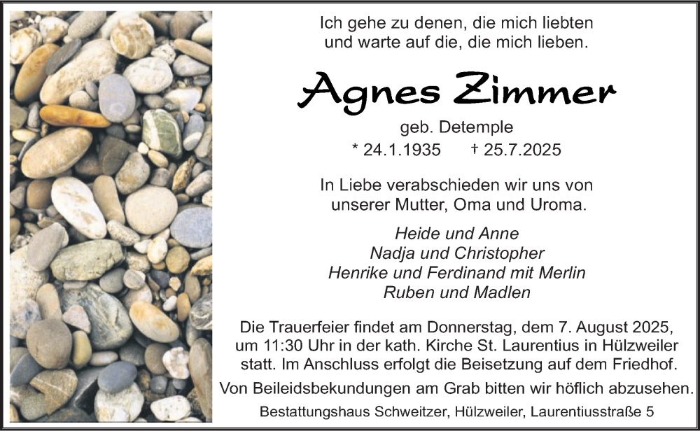  Traueranzeige für Agnes Zimmer vom 02.08.2025 aus saarbruecker_zeitung